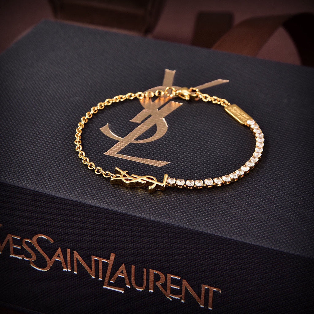 18K Saint Laurent YSL Crystals Chain Bracelet