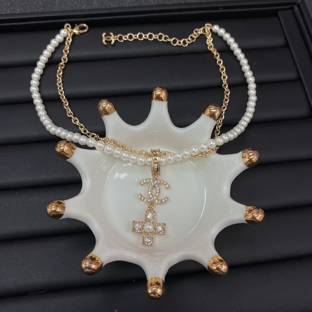 18K Chanel Cross Diamond Pearl Chain Necklace