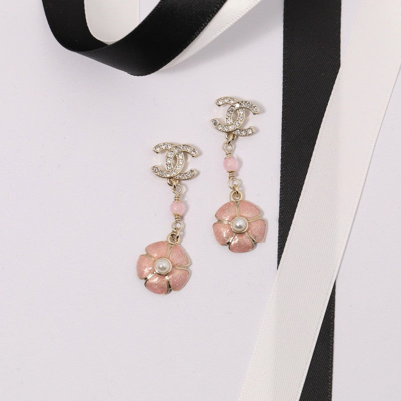 18K Chanel Black & Pink Camellia Diamond Long Earrings