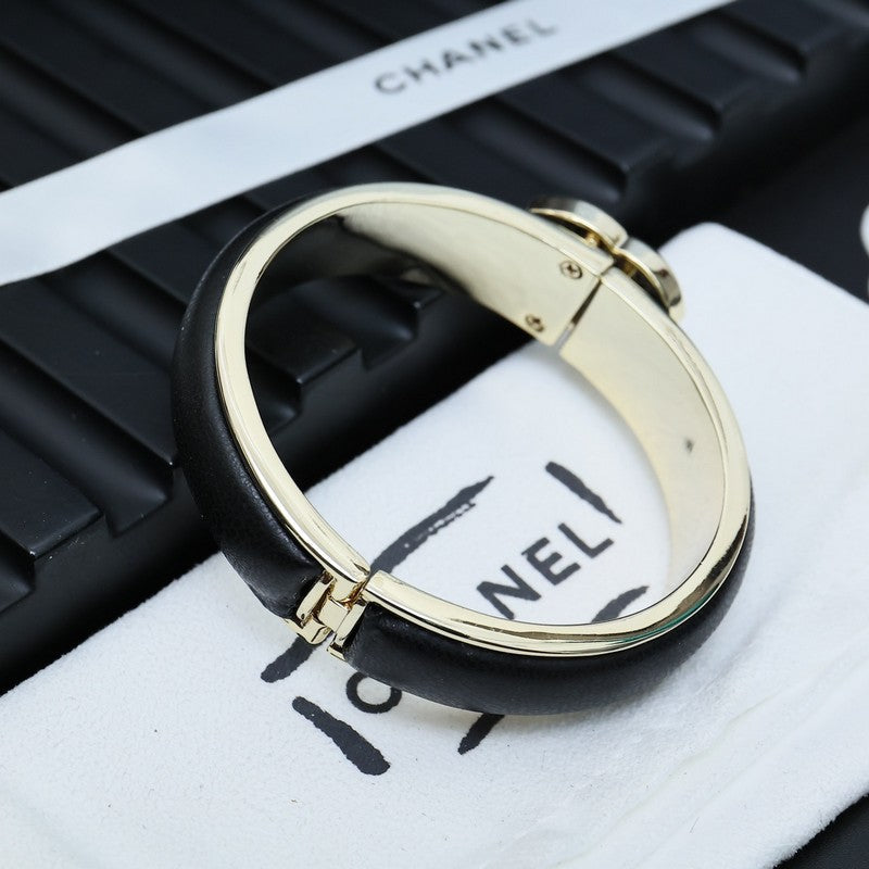 18K Chanel Black Leather Cuff Bracelet