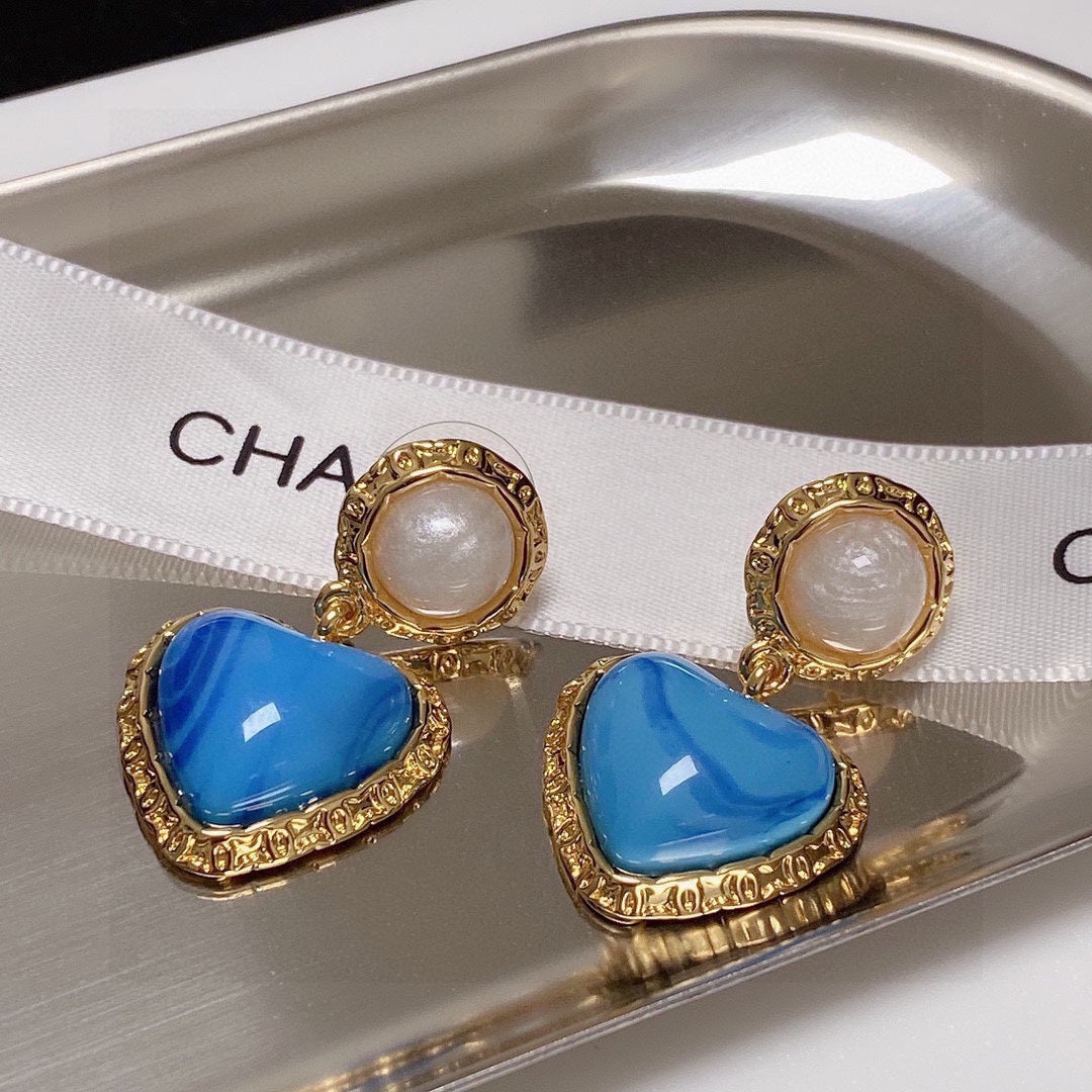 18K Chanel Blue Heart Pearl Earrings