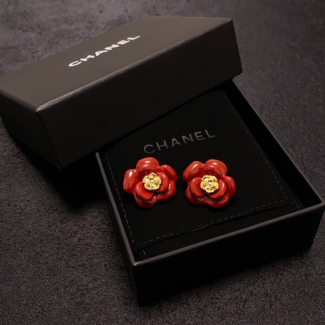 18K Chanel Red Camellia Resin Earrings