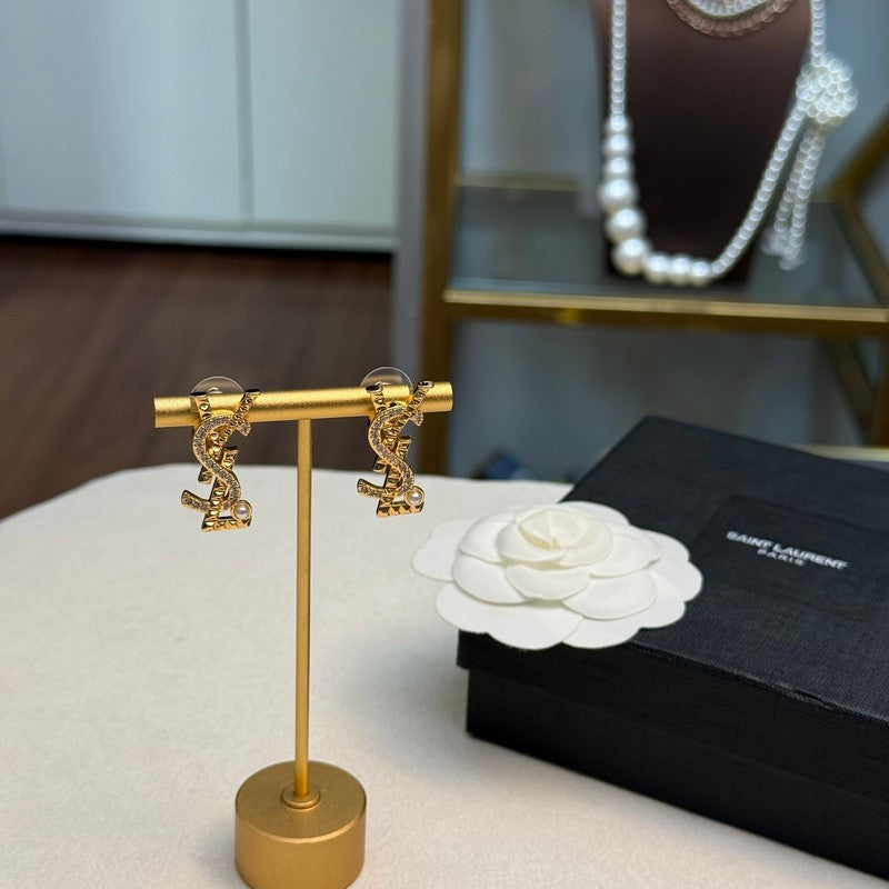 18K Saint Laurent YSL Gold Diamond Earrings