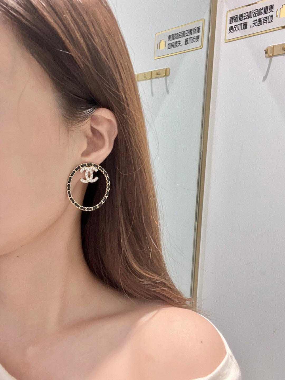 18K Chanel Black Leather Circle Earrings