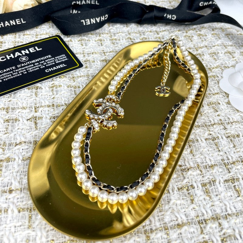 18K Chanel Pearl Chain Leather Necklace