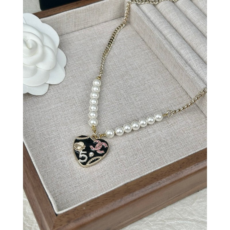 18K Chanel Pink & Black Heart Pearl Necklace