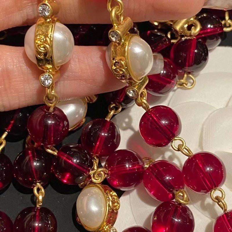 18K Chanel Long Red & White Pearls Necklace