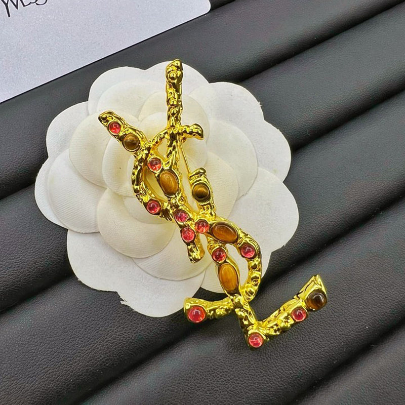 18K Saint Laurent YSL Crystal Brooch