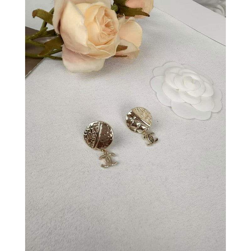 18K Chanel Gold Round Pendant Earrings