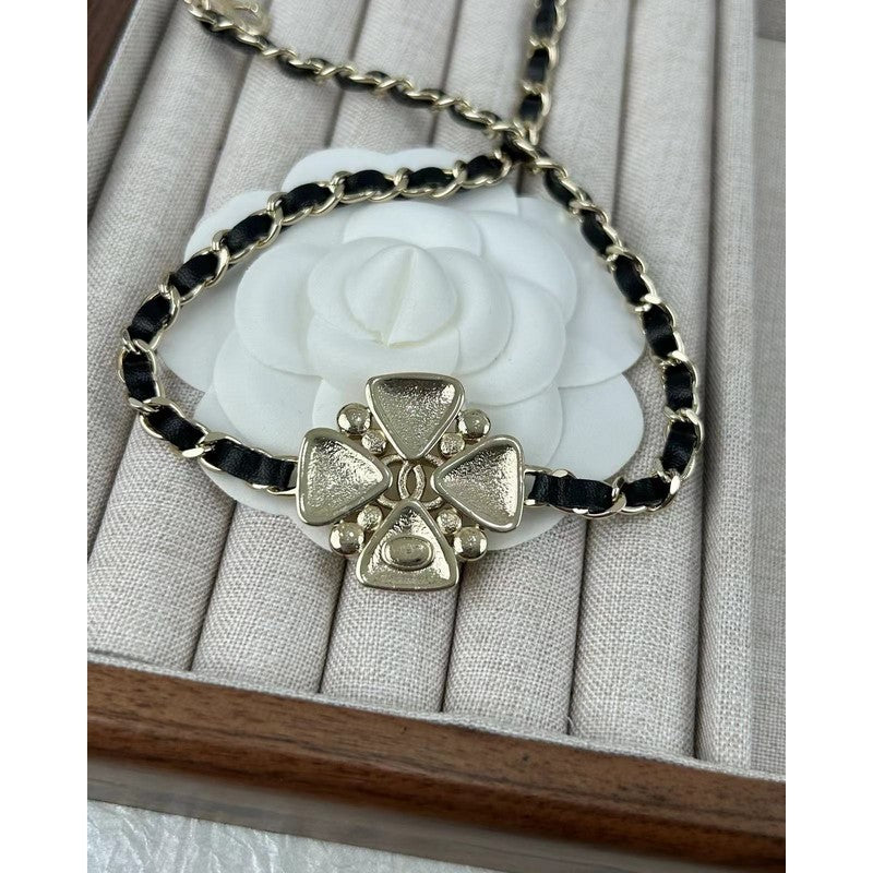 18K Chanel Black Leather Flower Necklace