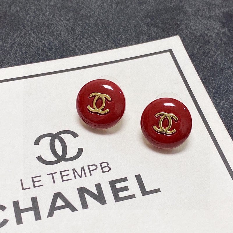 18K Chanel Wine Red Round Earrings