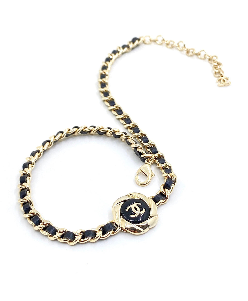 18K Chanel Rhinestone Leather Choker Necklace
