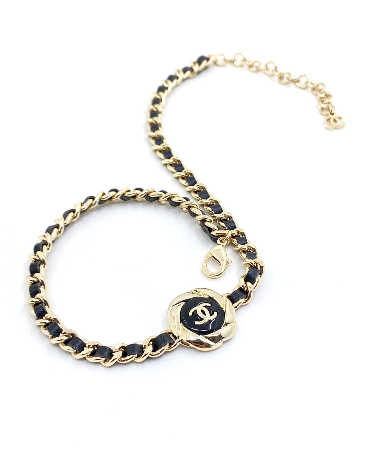 18K Chanel Rhinestone Leather Choker Necklace