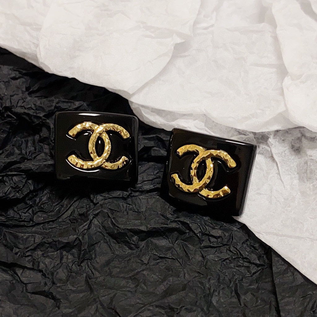 18K Chanel Black Resin Square Earrings
