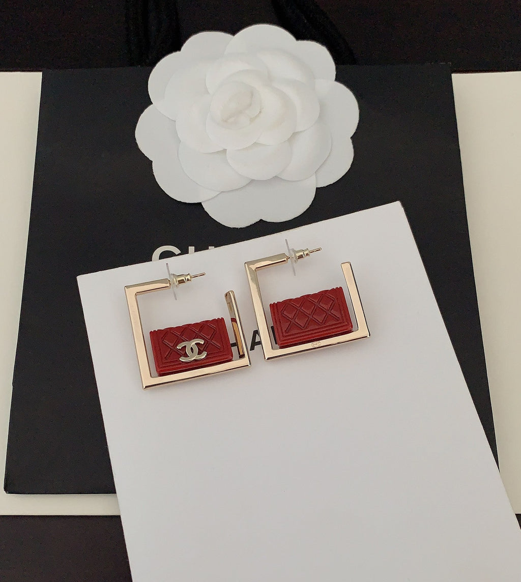 18K Chanel Red Bag Pendant Earrings