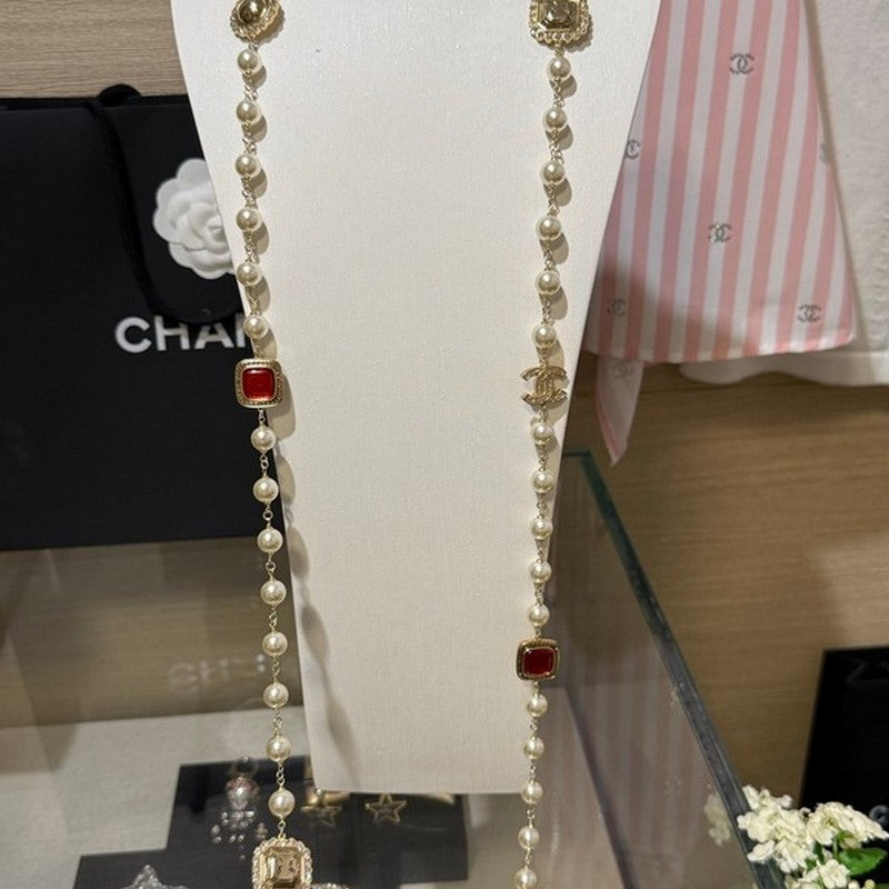 18K Chanel Long Pearl Red Crystals Necklace