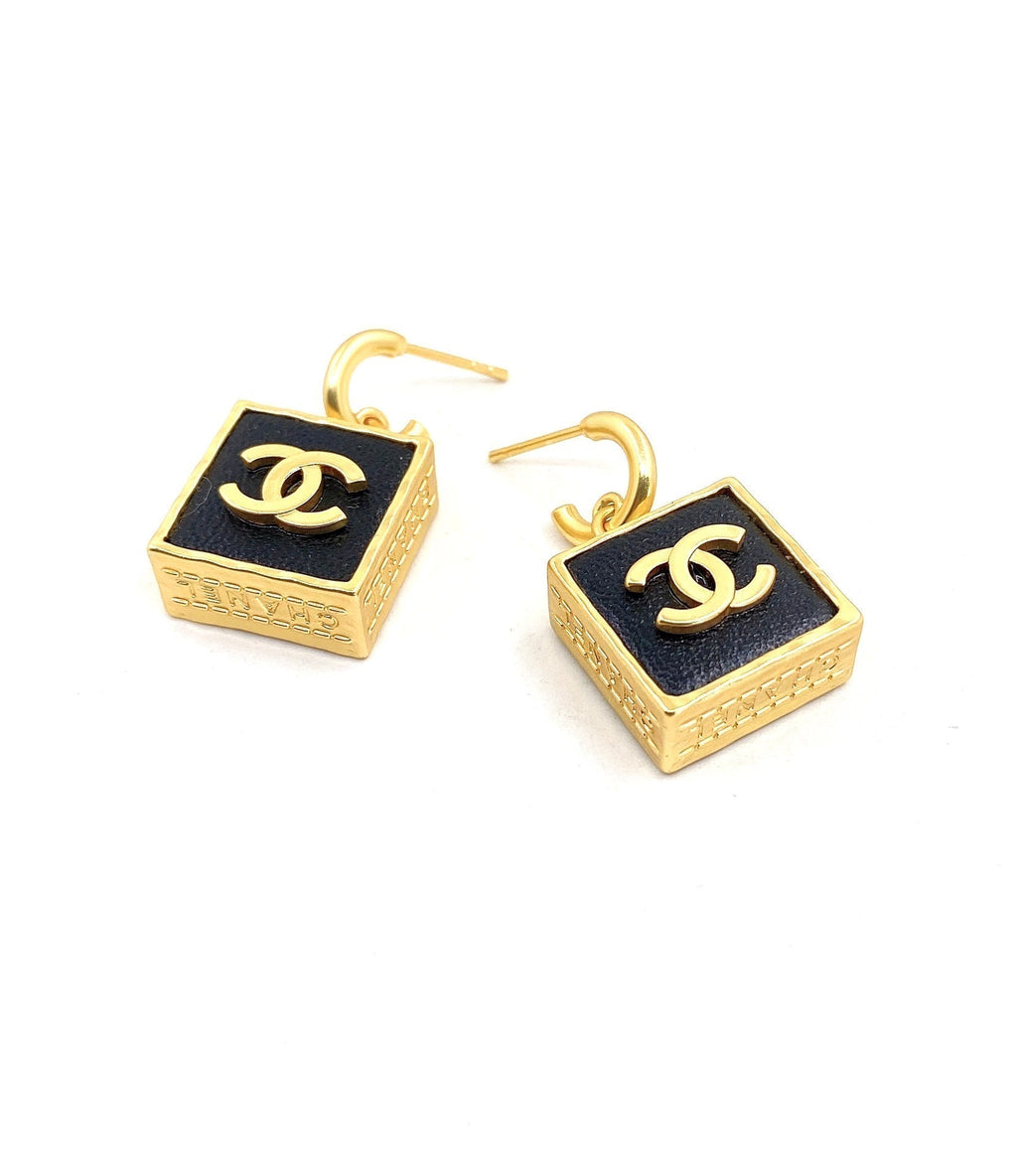 18K Chanel Black Bag Pendant Earrings