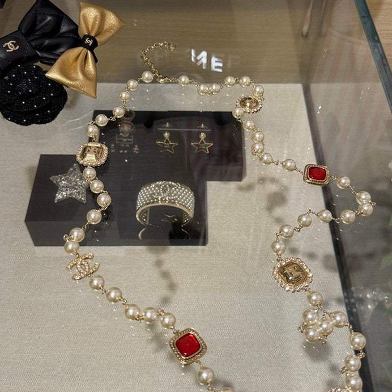 18K Chanel Long Pearl Red Crystals Necklace