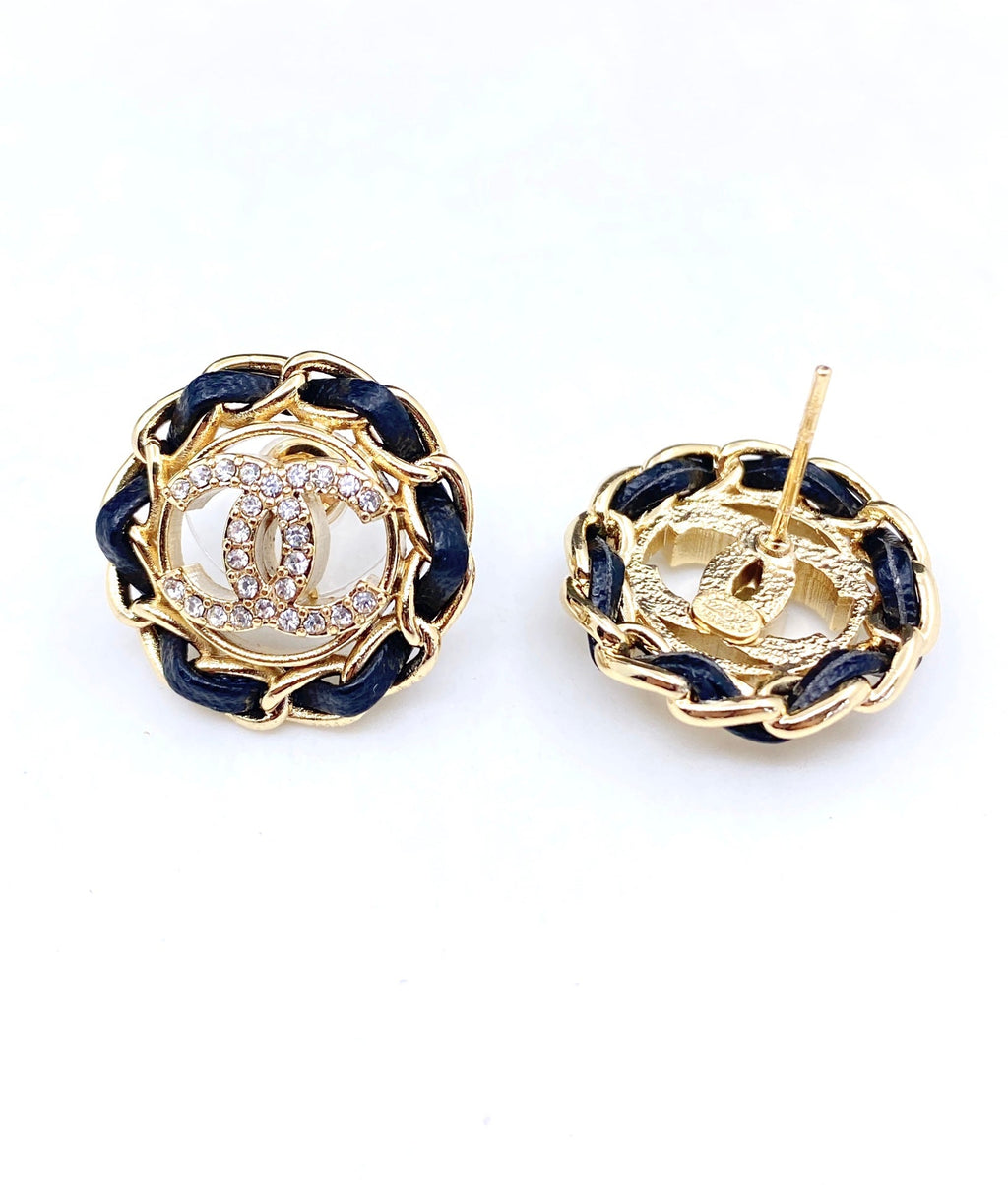 18K Chanel Black Leather Earrings