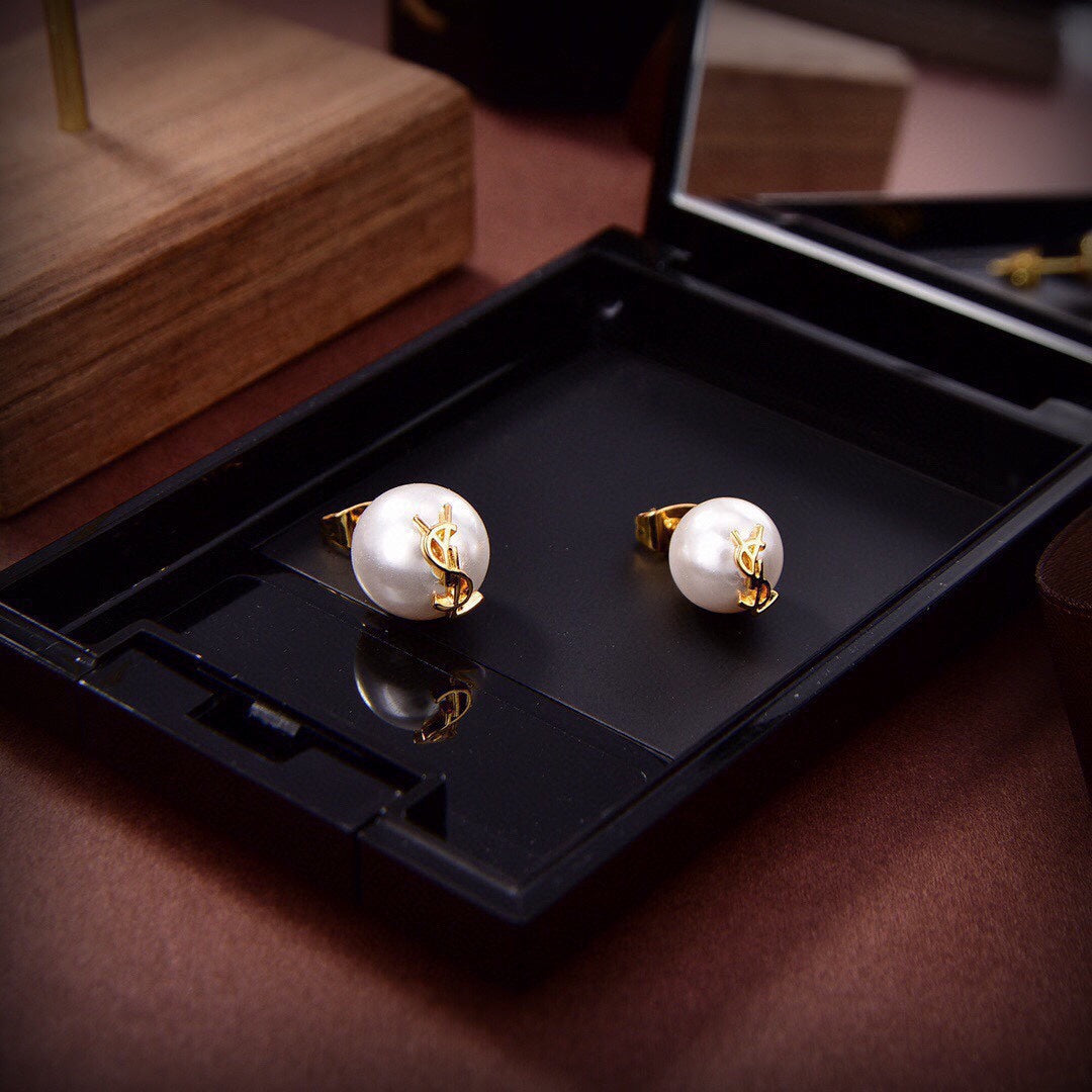 18K Saint Laurent YSL Pearl Earrings