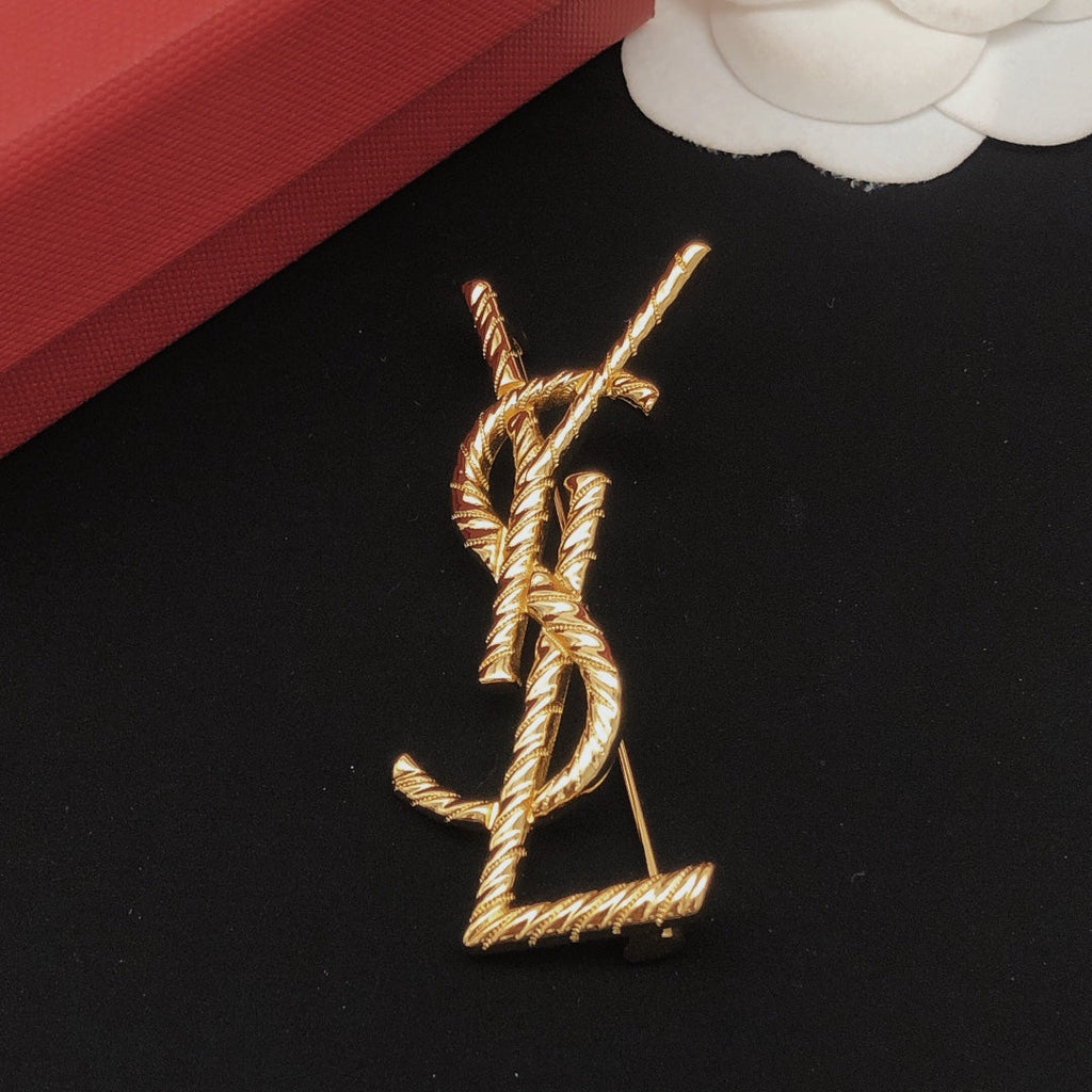 18K Saint Laurent YSL Gold Brooch