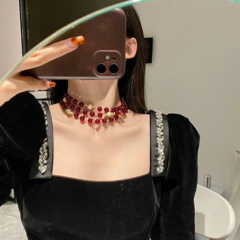 18K Chanel Long Red & White Pearls Necklace