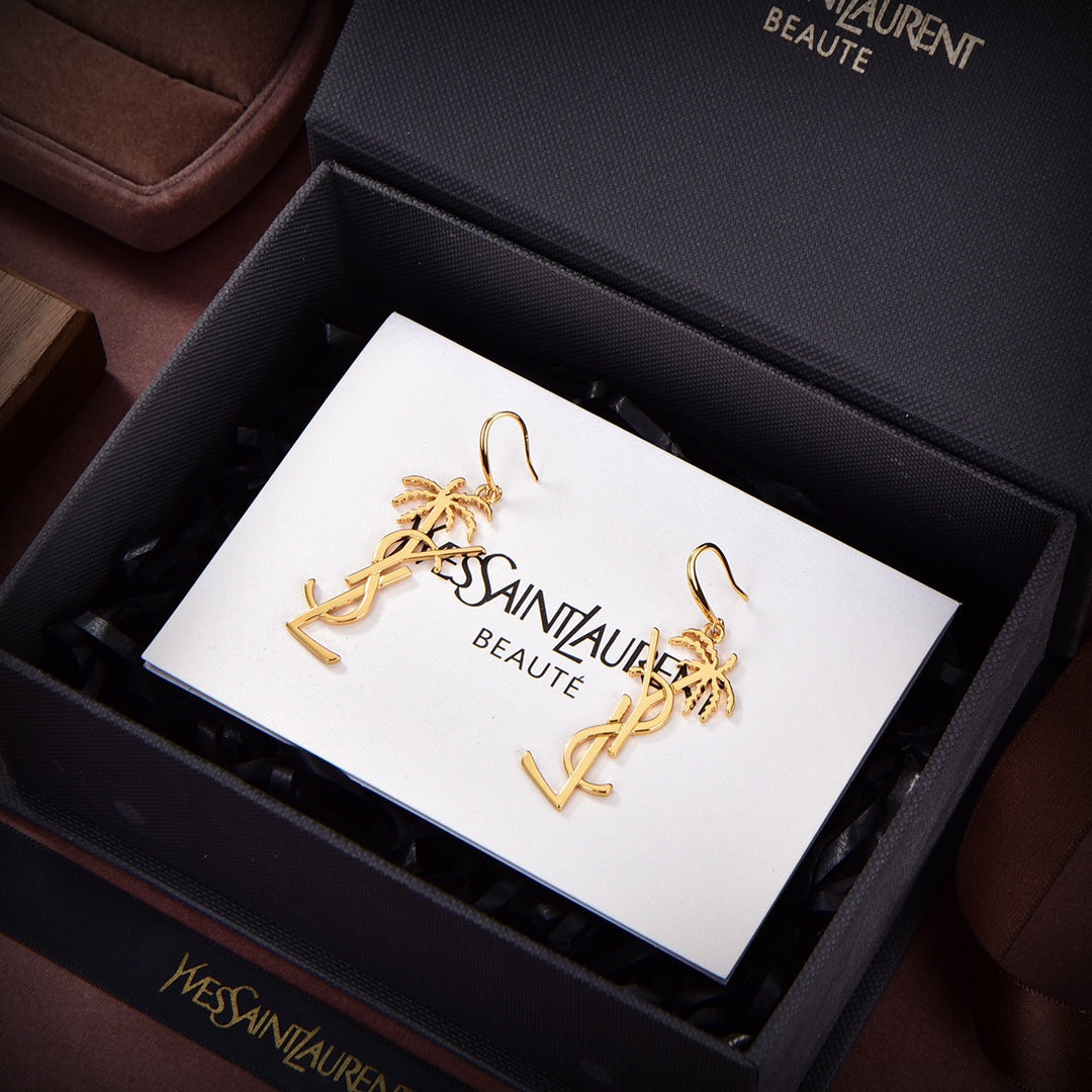 18K Saint Laurent YSL Monogram Palmier Statement Earrings