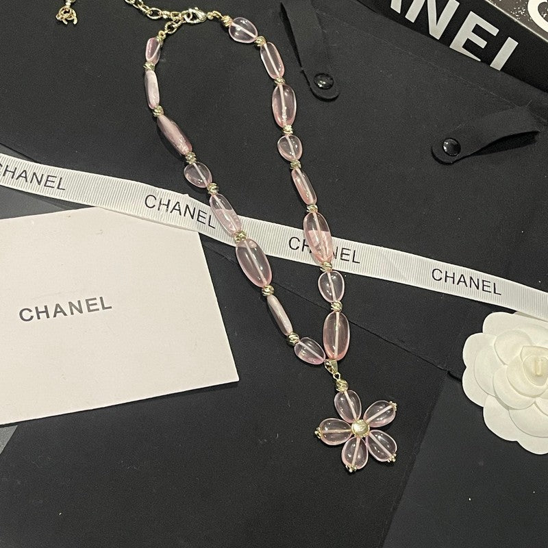 18K Chanel 26C Pink Crystal Flower Necklace