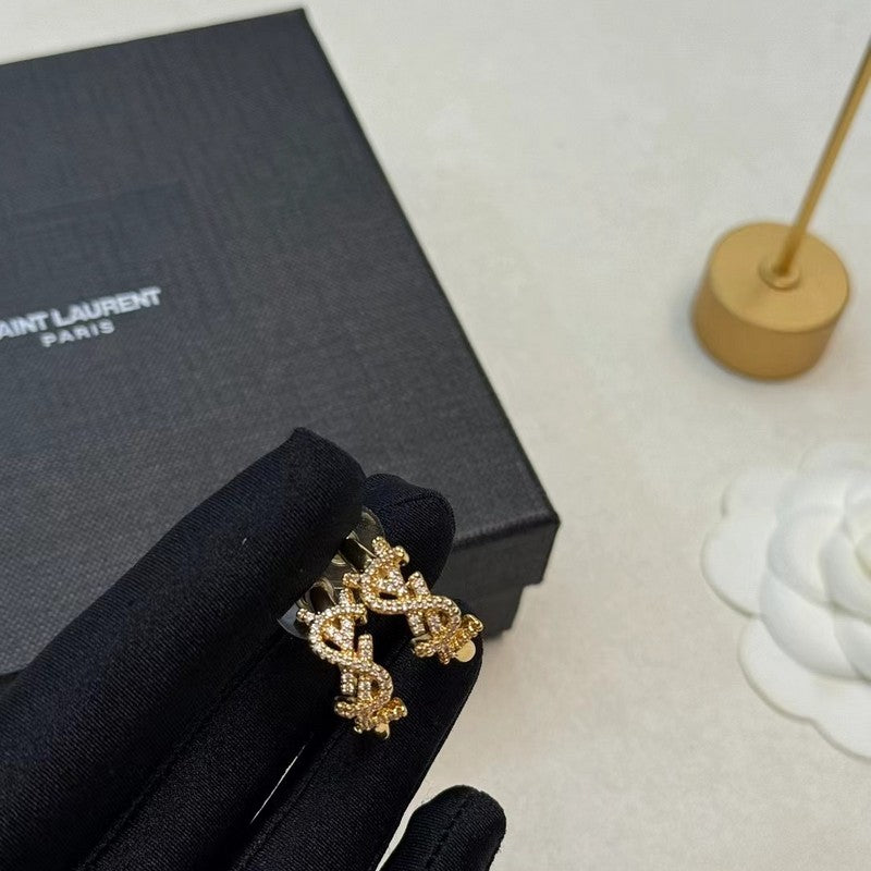 18K Saint Laurent YSL Gold Diamond Circle Earrings