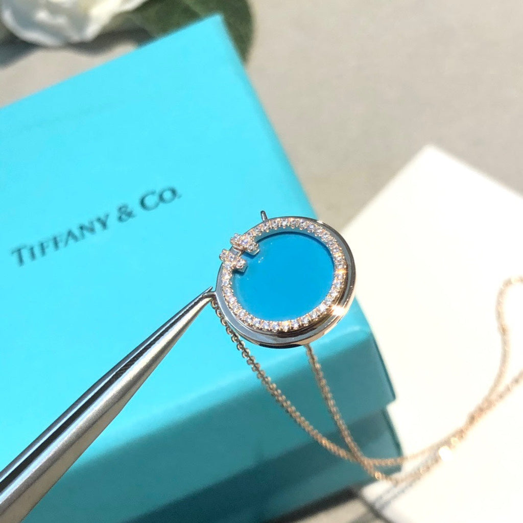 18K Tiffany & Co. Diamond & Turquoise Circle Pendant Necklace