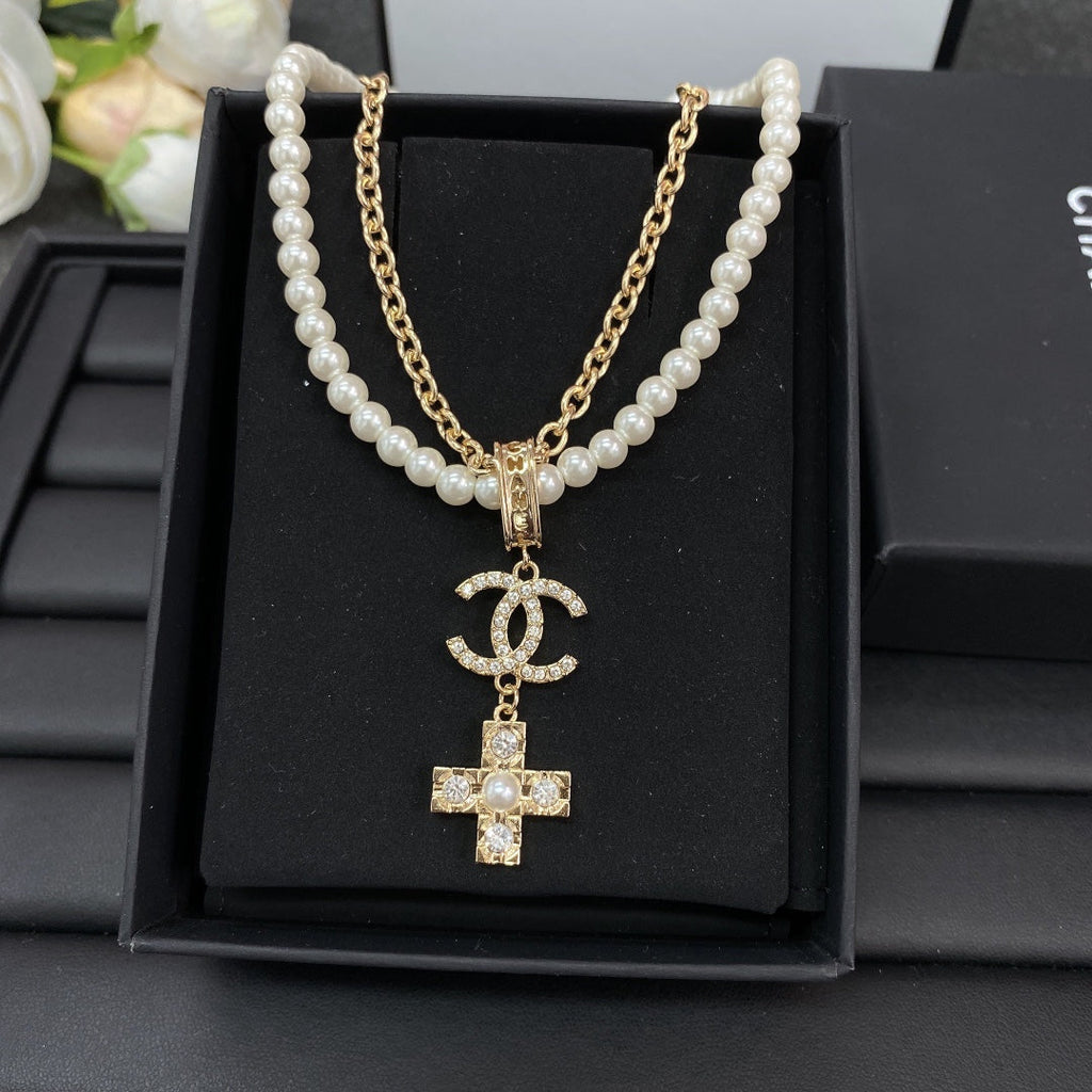 18K Chanel Cross Diamond Pearl Chain Necklace