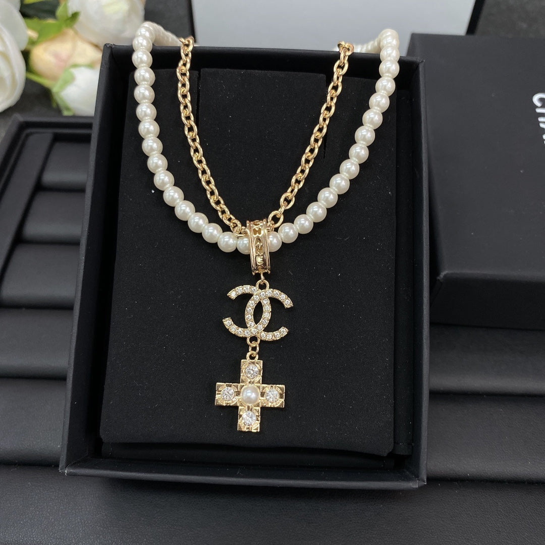 18K Chanel Cross Diamond Pearl Chain Necklace