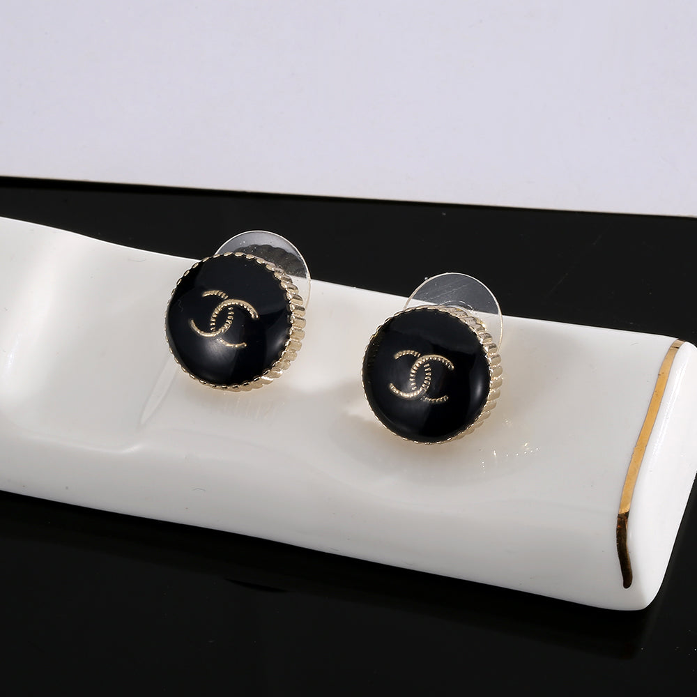 18K Chanel Circle Black Resin Earrings