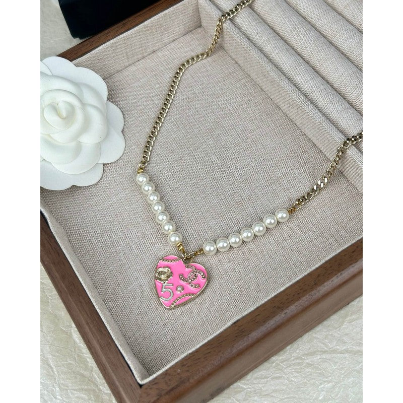 18K Chanel Pink & Black Heart Pearl Necklace