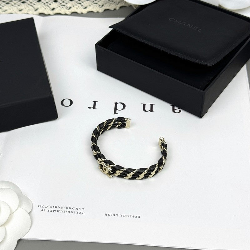 18K Chanel 26C Black Leather Cuff Bracelet