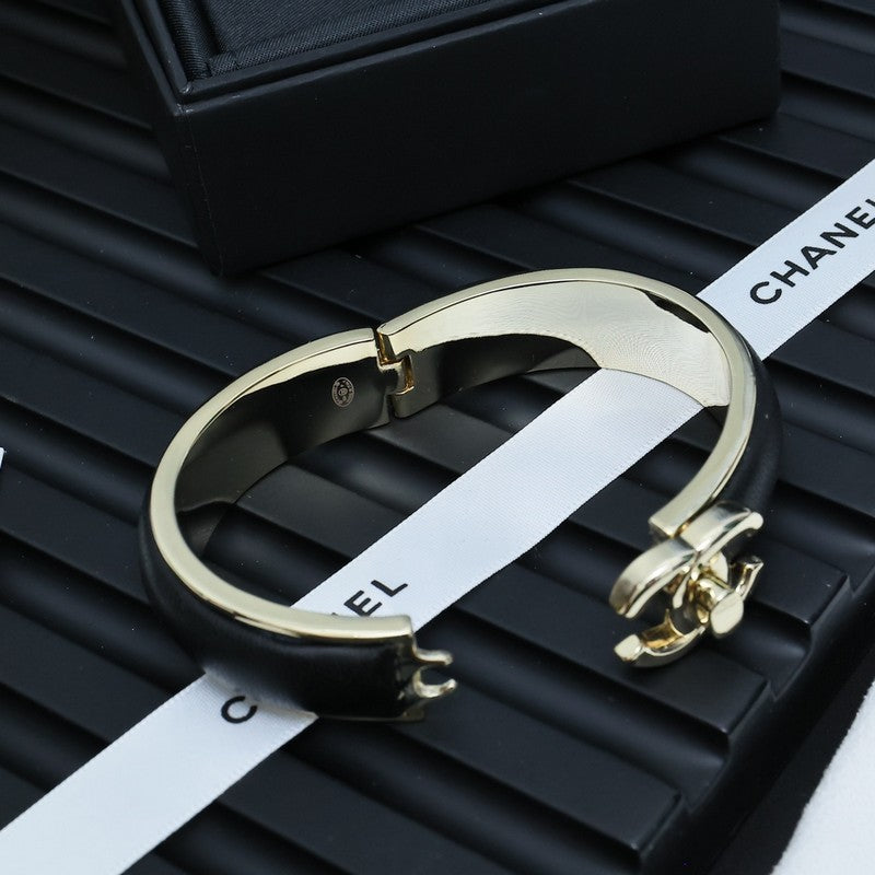 18K Chanel Black Leather Cuff Bracelet