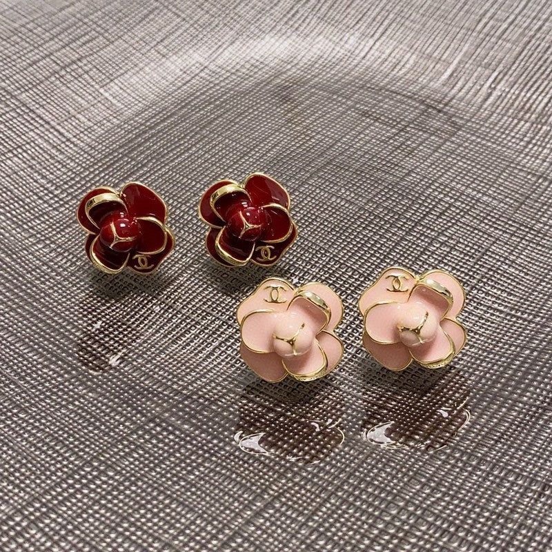 18K Chanel Red & Pink Camellia Earrings