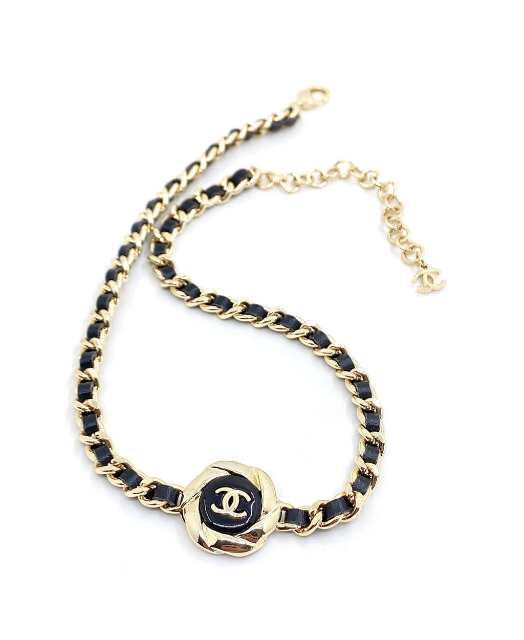 18K Chanel Rhinestone Leather Choker Necklace