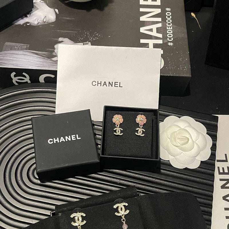 18K Chanel 26C Pink Camellia Diamond Earrings