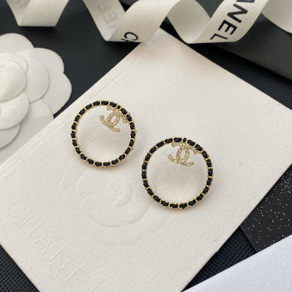 18K Chanel Black Leather Circle Earrings