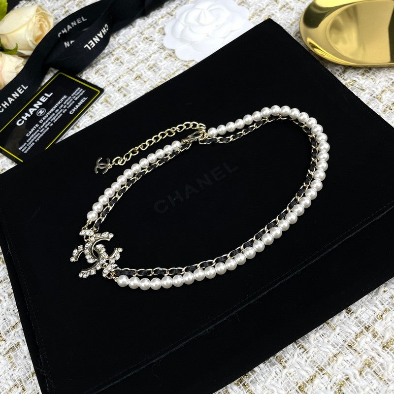 18K Chanel Pearl Chain Leather Necklace