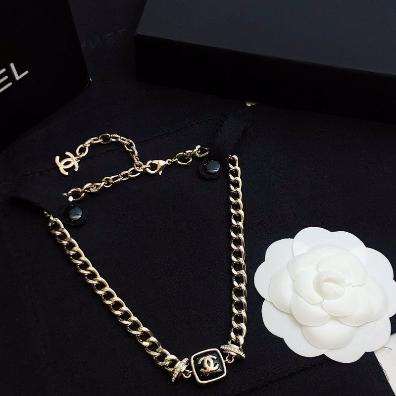 18K Chanel Black Logo Gold Chain Necklace