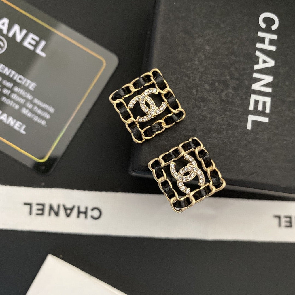 18K Chanel Square Leather Earrings