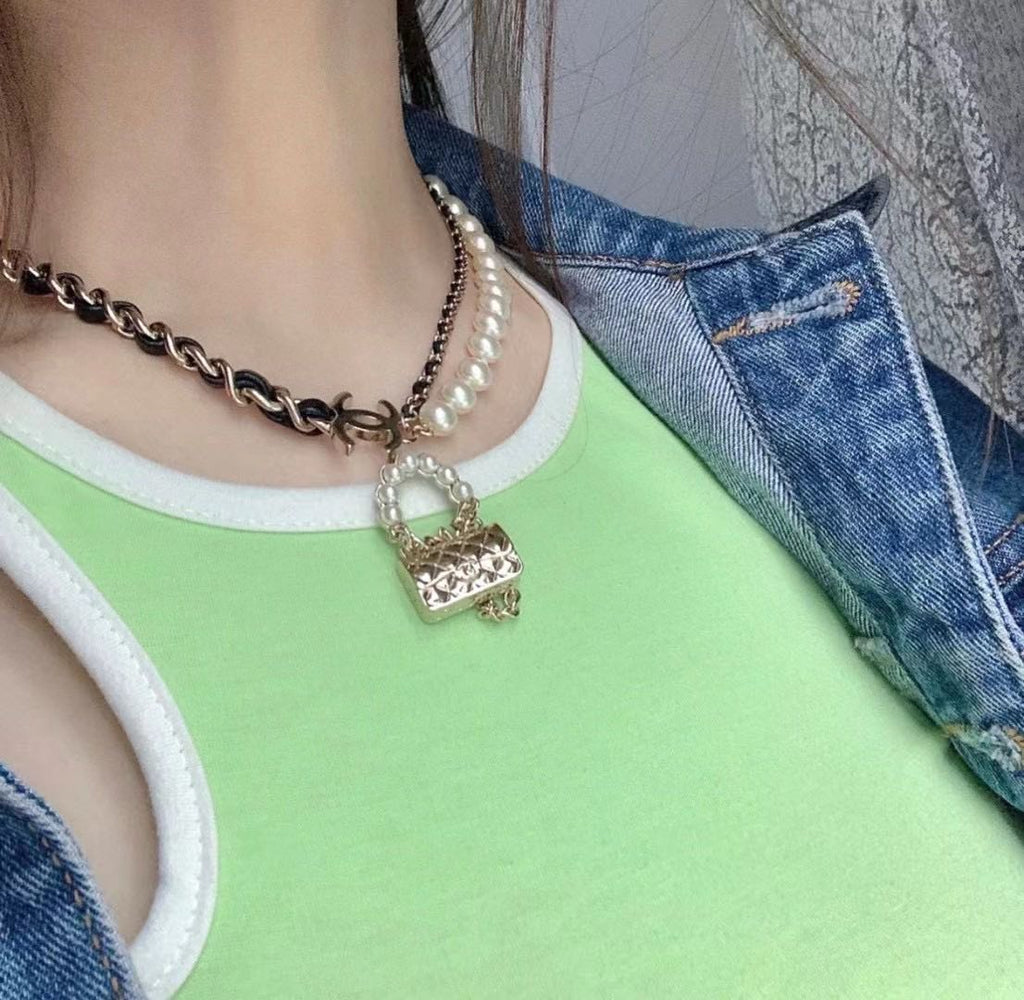 18K Chanel Pearl Leather Bag Pendant Necklace