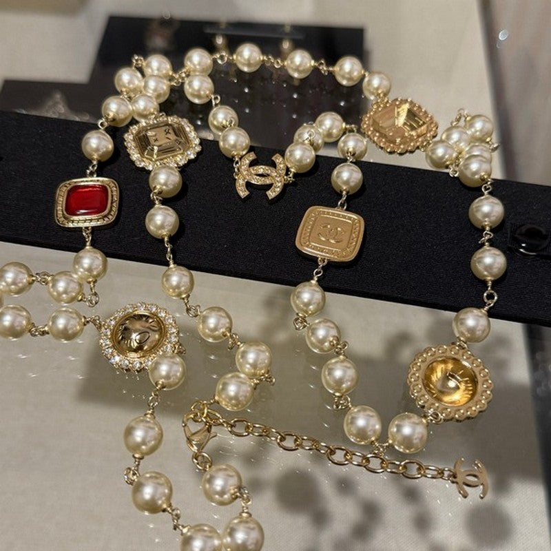 18K Chanel Long Pearl Red Crystals Necklace