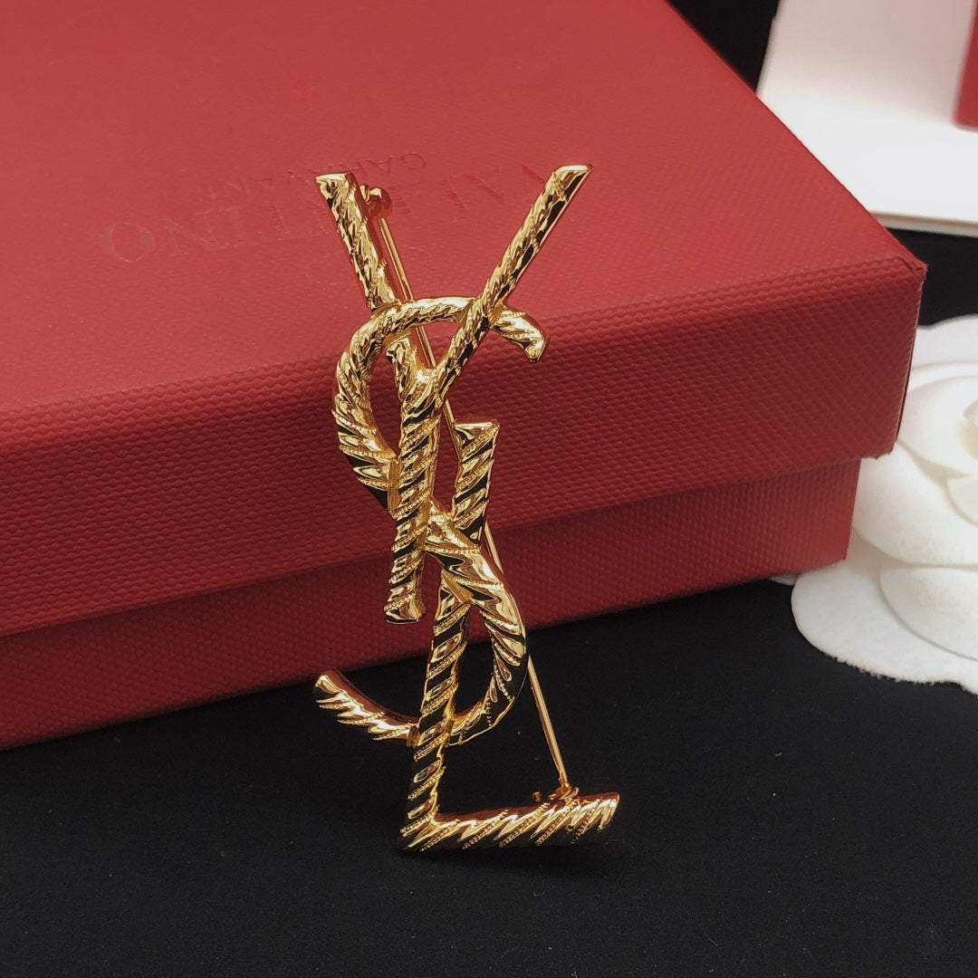 18K Saint Laurent YSL Gold Brooch