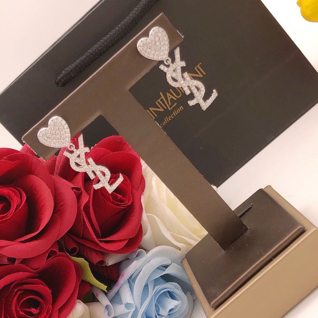 18K Saint Laurent YSL Heart Diamonds Earrings