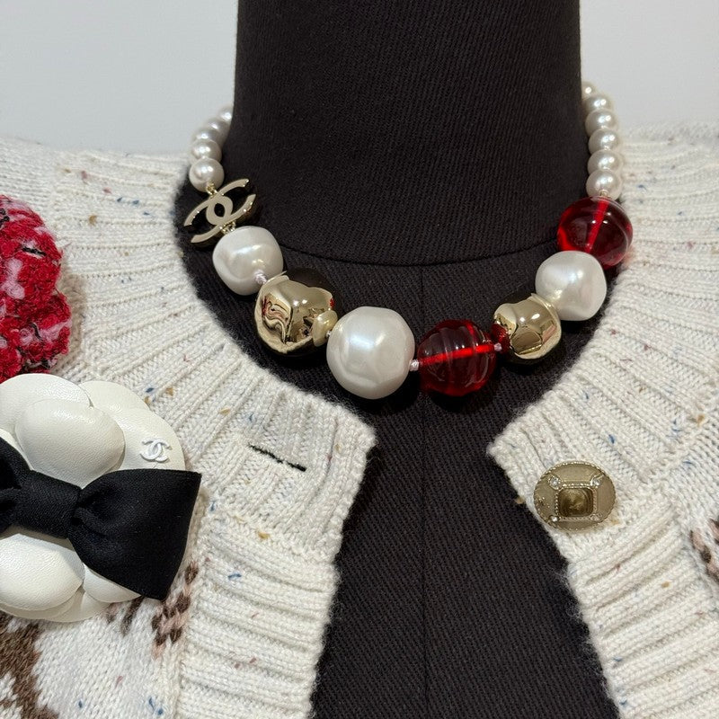 18K Chanel Red Crystal Pearl Choker Necklace