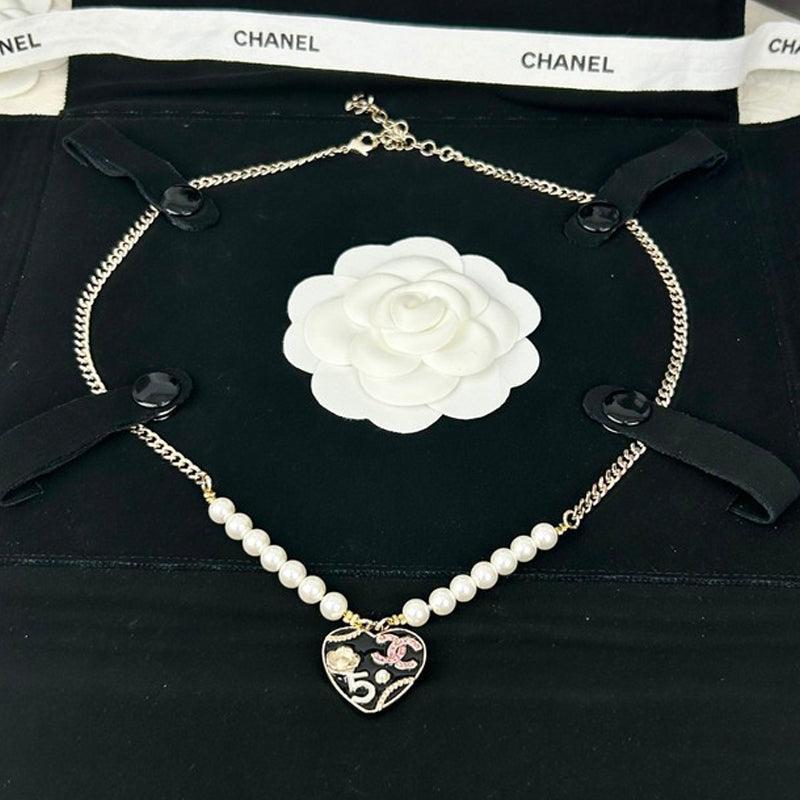 18K Chanel Pink & Black Heart Pearl Necklace