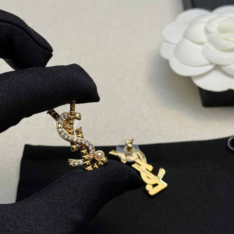 18K Saint Laurent YSL Gold Diamond Earrings
